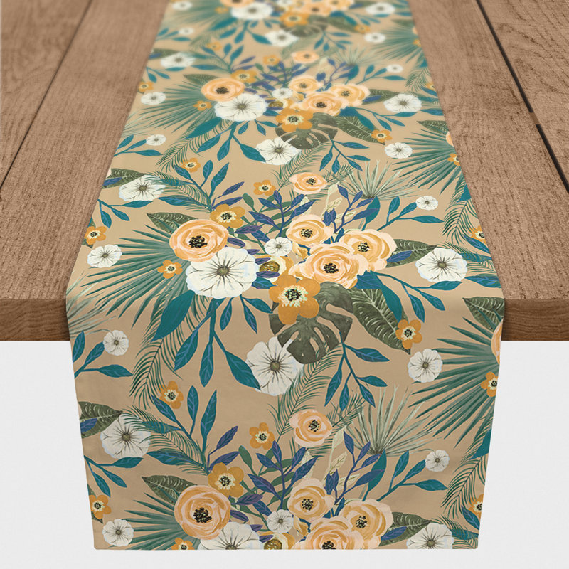 Floral Table Runner, Beige, 90" L x 16" W