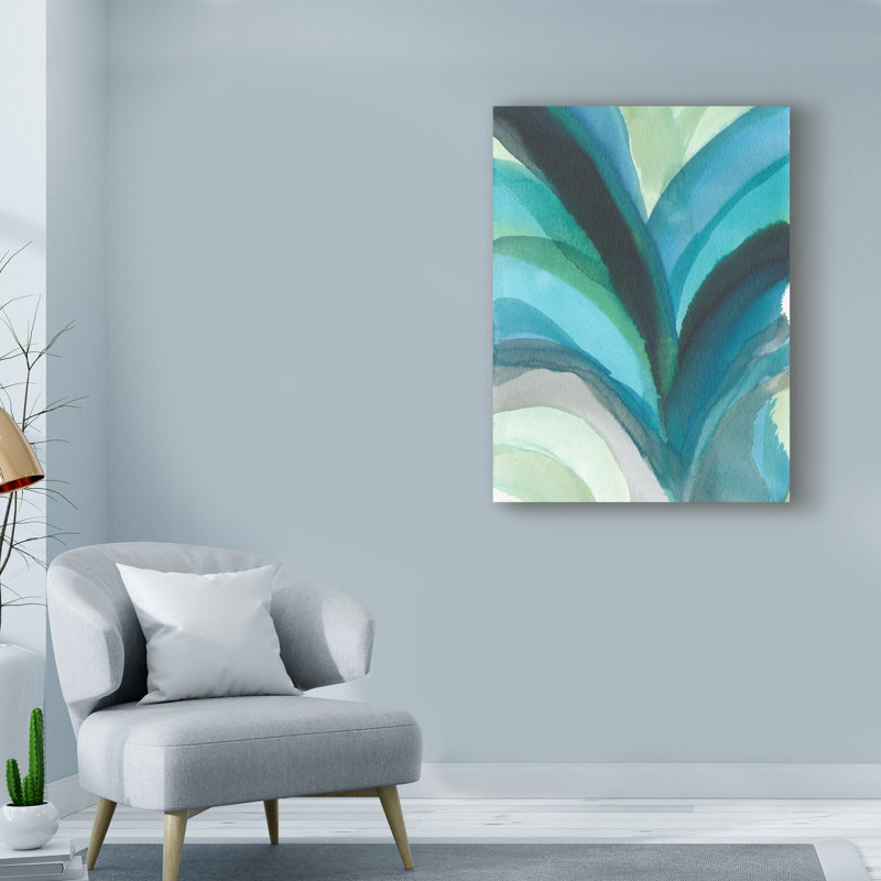 « big blue leaf i », reproduction de peinture à l’aquarelle sur toile tendue, H 30 po x l 20 po x P 1,5 po