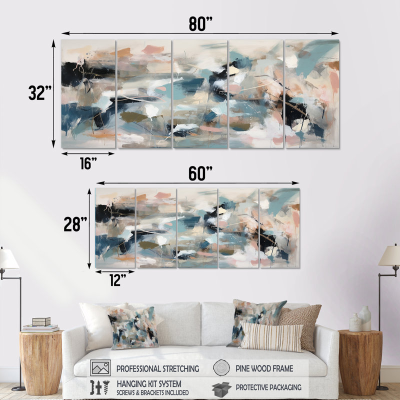 «Grey and Blue Vivid Waves Fuild III» - peinture abstraite, art mural 5 pièces, H 32 po x l 80 po