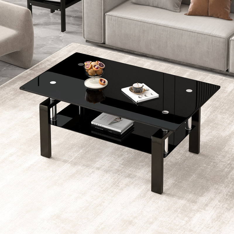 Table basse en verre trempé noir, table à thé à 2 niveaux pour le salon | Idée de cadeau
