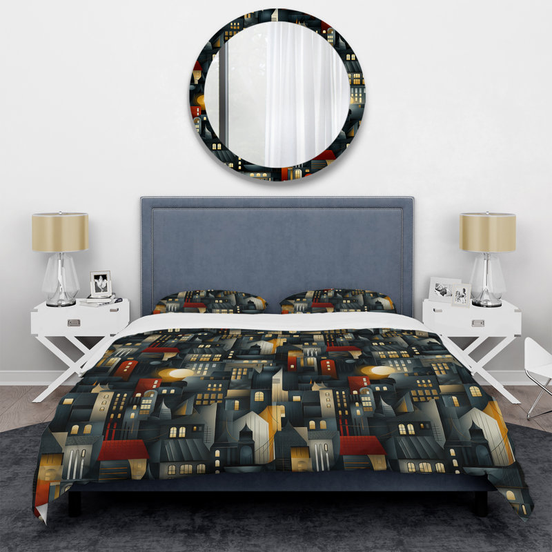 Geometric Skylines City Pattern - Ensemble de housse de couette géométrique, Housse de couette pour très grand lit et 2 très