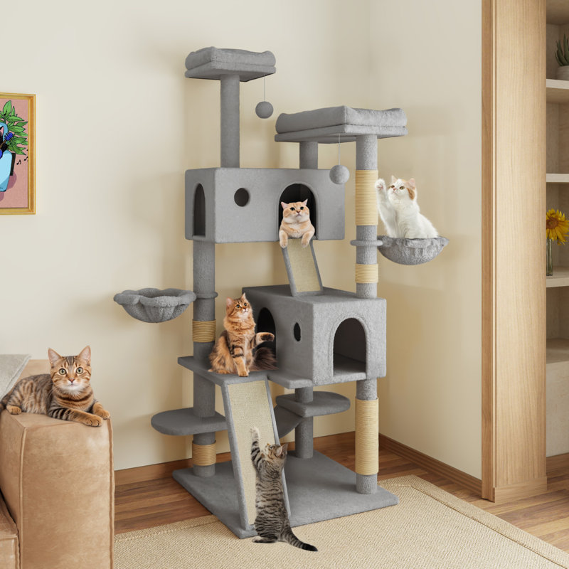 Arbre à chat avec poteaux à griffes et poteaux à griffes 65,7 po H inclus avec plateformes et hamac, Gris
