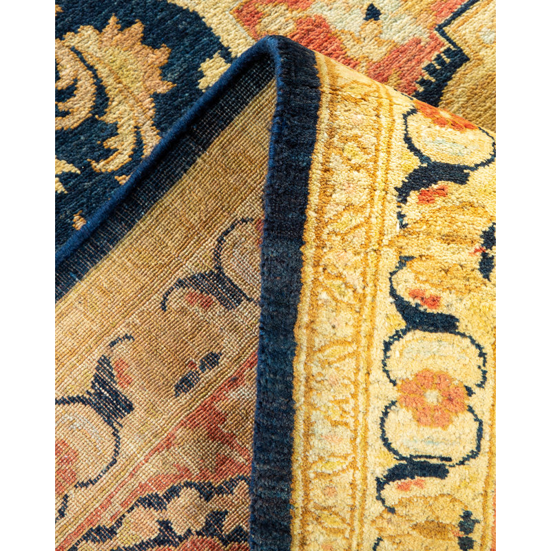 Tapis bleu / orange / jaune en laine noué à la main de conception unique 7 pi 10 po x 9 pi 10 po Tyonia Mogul