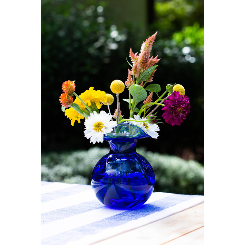 Hibiscus Handmade Glass Table Vase, 5.5" H x 5" W x 5" D, Cobalt