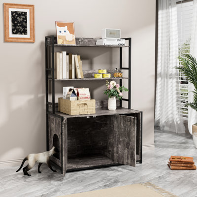 Enceinte de litière pour chat avec tablette de rangement, portes doubles et bloc-notes, unité intérieure grise - conception de porte, meubles de salle de bain cachés