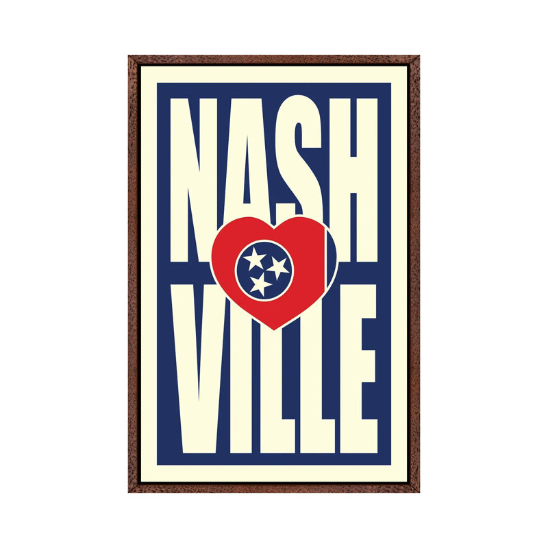 Nashville Typography Heart 1 Piece Wall Art on Canvas, 66.04 cm H x 45.72 cm W, Classic Brown Wood Framed