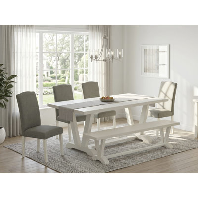 Ensemble de table de salle à manger 6 pièces Mid Century - Siège en tissu de lin Shitake foncé et dossier capitonné à boutons, chaises Parson rembourrées, banc rectangulaire et plateau de table rectangulaire avec pieds en bois - Lin brossé blanc