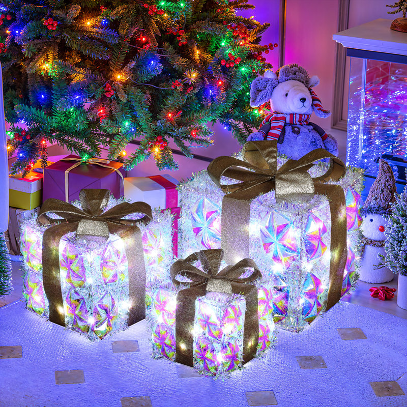 Ensemble de 3 boîtes-cadeaux de Noël prisme argenté avec lumières, Argenté/doré