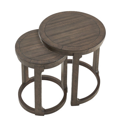 24 Inch 2Pcs Curved Traditional Round Circle Wooden Coffee Table Set,Mid Century Rustic Style Side Table,End Table For Living Room,Office,Apartmen,Drak Brown