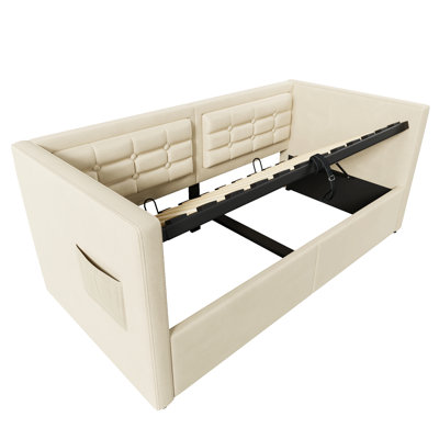 Upholstered Twin Size Daybed, Hydraulic Storage Twin Bed Frame With Usb & Type-C Charging, Bed Frame With Wooden Slats And Tufted Sofa Back