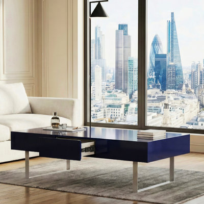 Table basse ultrabrillante de 52,4 po x 26,8 po x 15,6 po, avec un grand espace de tiroir caché, des cadres en métal, une conception rectangulaire pour les espaces contemporains, une surface à essuyer, des paires avec des meubles assortis, un assemblage rapide