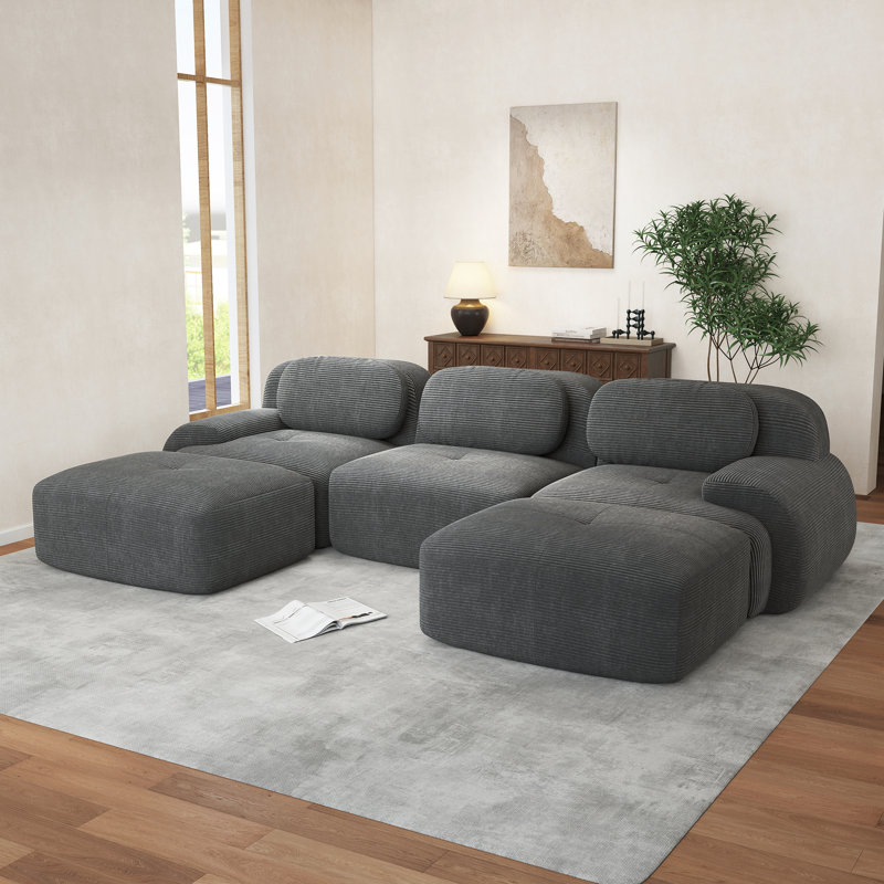Compression Sofa, U Shape Sofa, Corduroy Fabric Sofa, For Living Room, Gray Corduroy