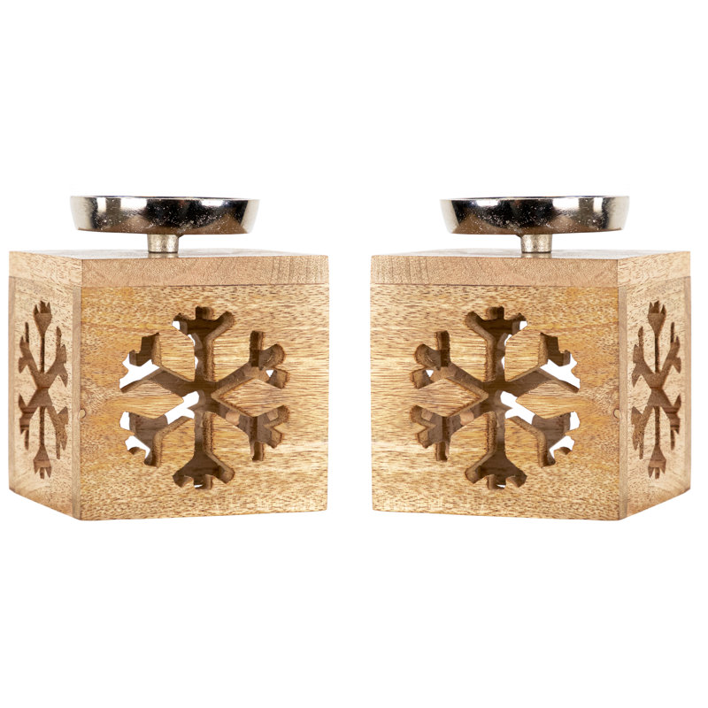 Bougeoirs de Noël en forme de flocons de neige en bois - 4,75 po - ensemble de 2