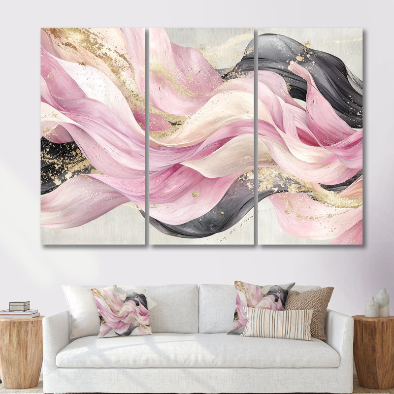 Ensemble de salon art mural abstrait rose et blanc captivant II, H 28 po x l 36 po x P 1 po, Toile encadrée flottée blanche