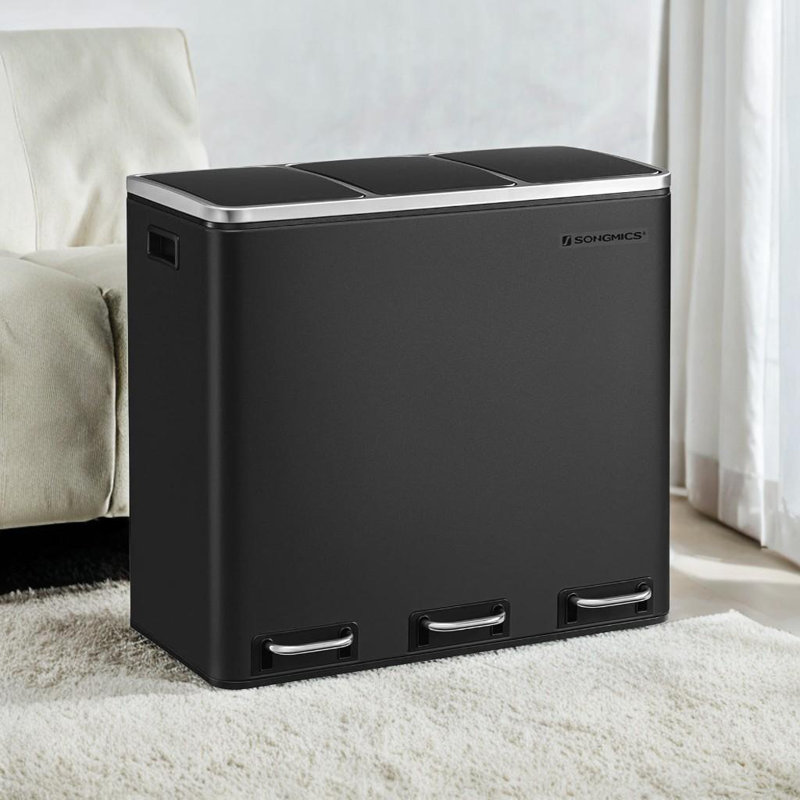Fingerprint Resistant 14.4 Gallon 3-Compartment Stainless Steel Pedal Trash Can, Noir, noir, noir, noir