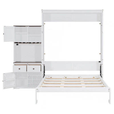 Queen Size Murphy Bed with Storage Cabinet,Wine Rack,Glass Holder, Drawers and Multi-Color LED Strip