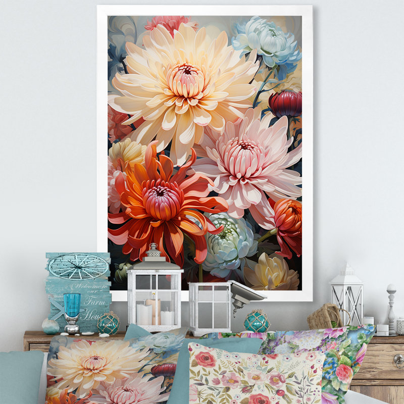 Mums Flow Curved Stems On Canvas Print, White Single Picture Framed, 32" H x 16" W x 1" D