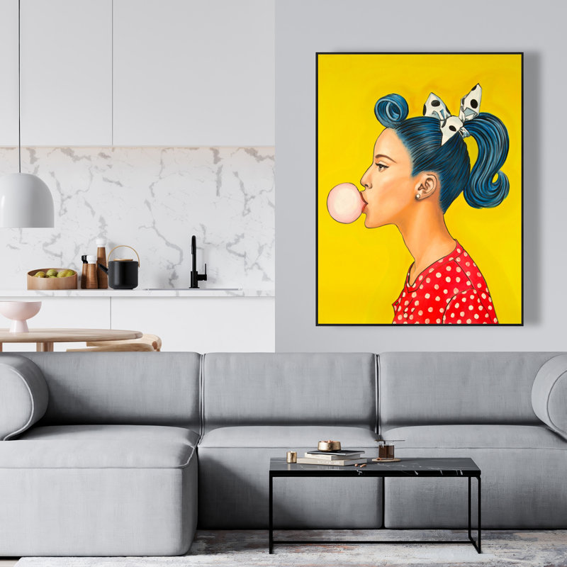 «Retro Woman with Beautiful Ponytail» - Toile encadrée bleue