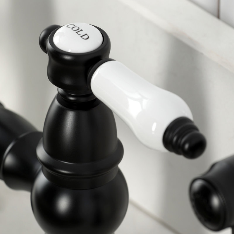 Kingston Brass Bel-Air Two-Handle 4-Hole Deck Mount Bridge Kitchen Faucet With Brass Side Sprayer, Matte Black