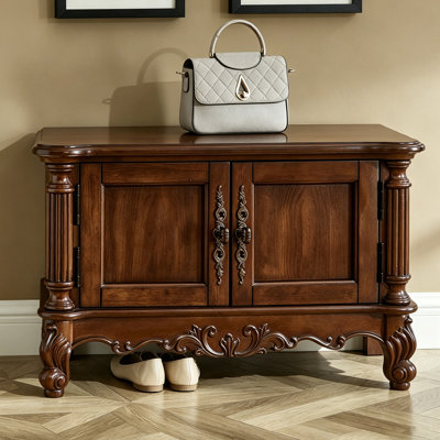 Vintage Solid Wood Shoe Storage Cabinet, Carved Double-Door Long Bench, Multi-Functional Entryway Home Organizer