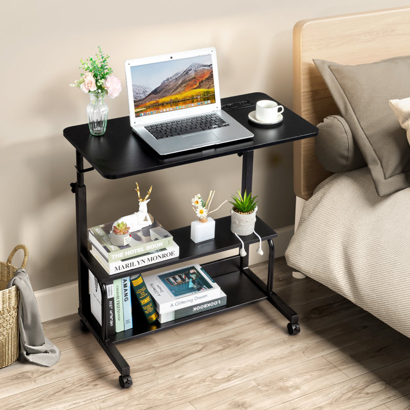 Rolling & Height Adjustable Computer Desk Laptop Table Side Table End Table With With Charging Station, 2 USB Ports, Black