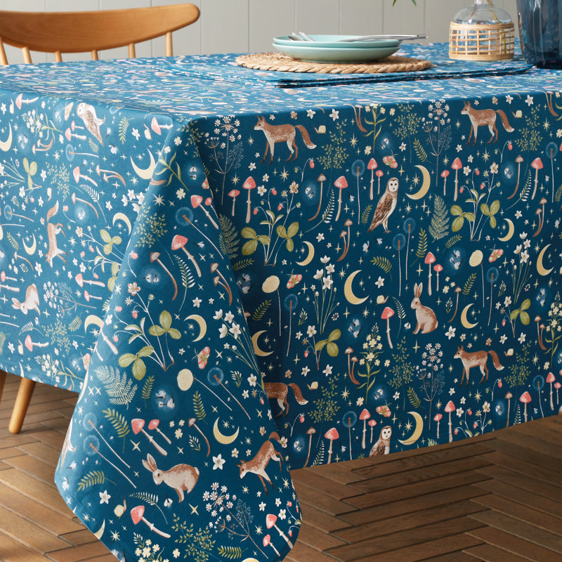 Enchanted Twilight Animals Cotton Table Cloth, 137cm W x 229cm L, Navy Blue