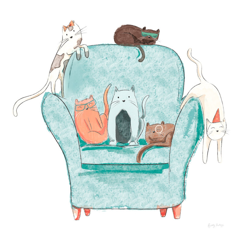 Chats en peluche ludiques, Chats sur une chaise, Mignon, Fantaisiste, Vert, Orange, Blanc, Brun, Sur blanc