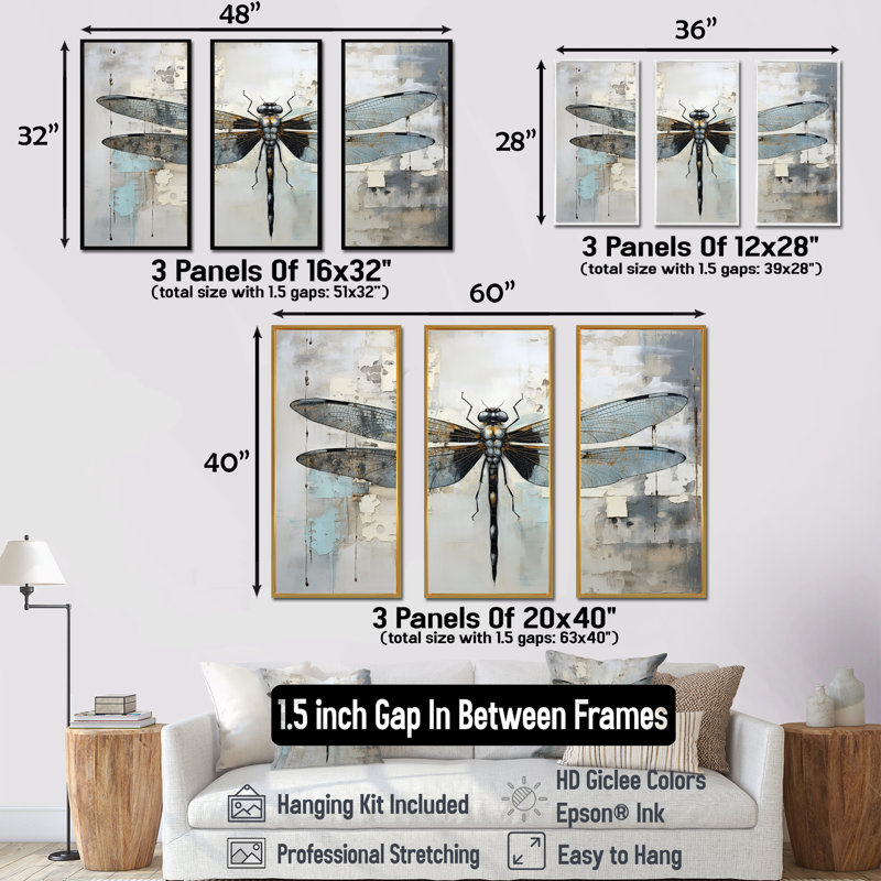 «Dragonfly Delight IV», ensemble d'art sur toile, Cadre flottant doré, H 32 po x l 48 po