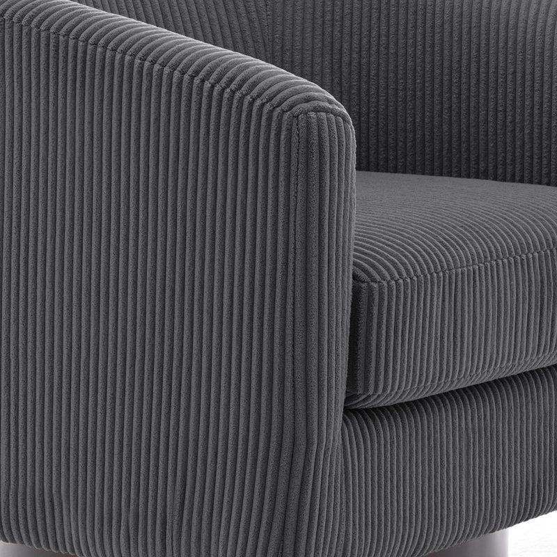 Fauteuil pivotant Frankie en velours côtelé gris capitonné avec base en bois massif, Velours côtelé gris