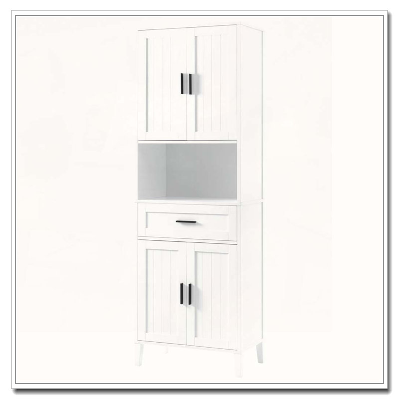 Freestanding Tall Bathroom Cabinet with a Drawer, 2 Cabinets, 4 Soft-Close Doors, 2 Adjustable Shelves, Open Storage, White