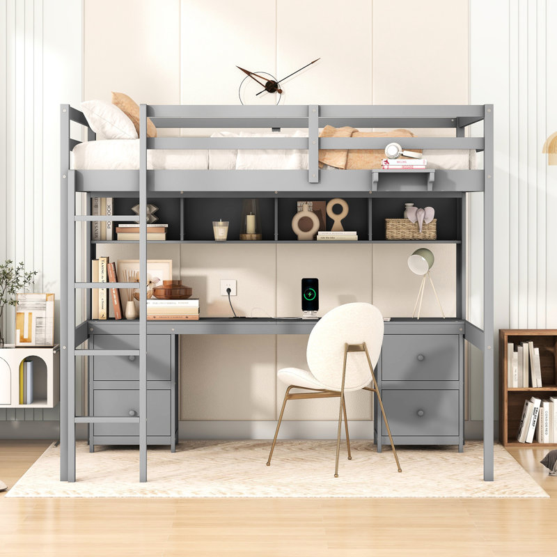 Lit mezzanine gris avec bureau, rangement généreux, tiroirs et armoire de charge, Gris