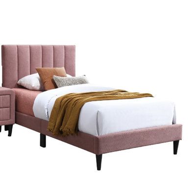 Full Size Pink Linen Upholstered Bed Frame With Channel Tufted Adjustable Headboard, Middle Support Legs, Sturdy Wood Slat Support System, No Box Spring Required, Modern Bedroom Furniture