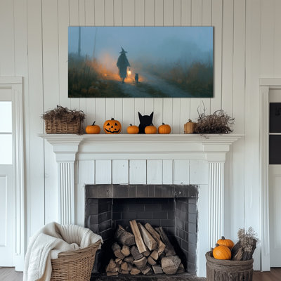 Grand art mural sur toile d'Halloween sorcière - peinture effrayante gothique, décoration de maison sorcière avec chat, lanterne et citrouilles pour salon d'automne, chambre à coucher, toile tendue avec cadre en pin, 24 po x 47 po