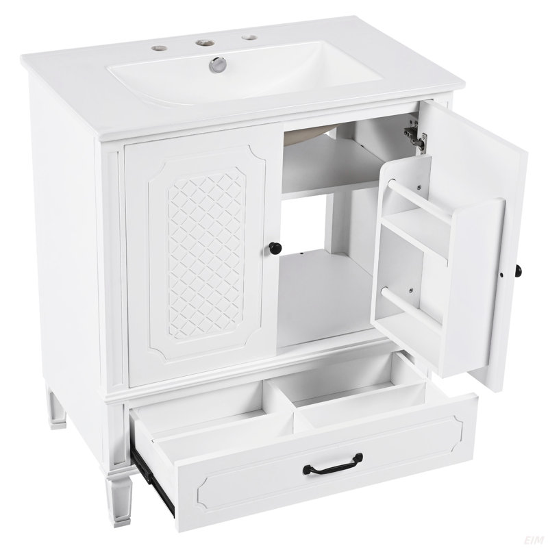 Meuble-lavabo 30 po avec lavabo style rétro, espace de rangement multifonctionnel, tablette de porte, porte à fermeture en douceur