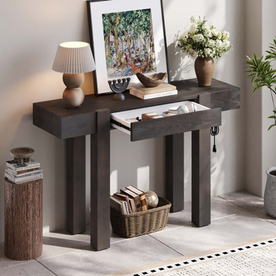 Console rustique minimaliste avec tiroir caché, prise de courant latérale, table d'entrée en bois pour les entrées, les salons et les bureaux à domicile