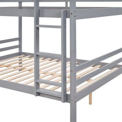 Lit superposé gris double avec échelle latérale et grande barrière de sécurité, structure en bois pour les jeunes, dortoir et espace pour les invités, sommier non nécessaire