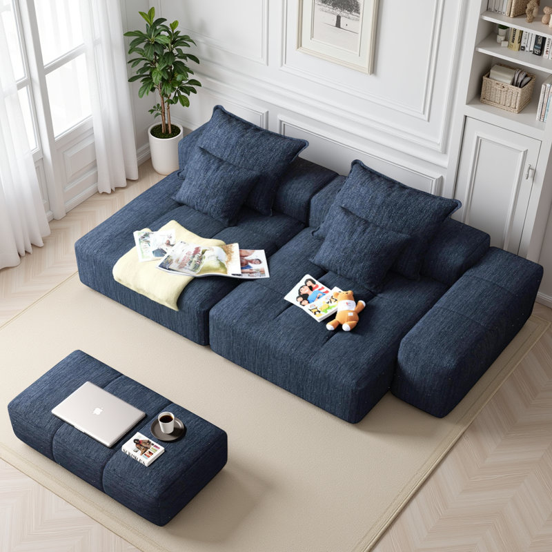 Canapé modulaire Boneless de 113 po, canapé 2 places en chenille scintillante avec 2 chaises et 4 coussins, Chenille bleue