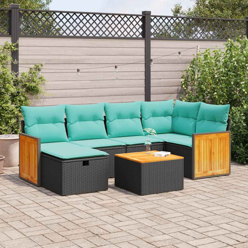  7 Piece Patio Sofa Set With Cushions Poly Rattan, 14.6"H x 21.7"L x 21.7"W, Black, Green