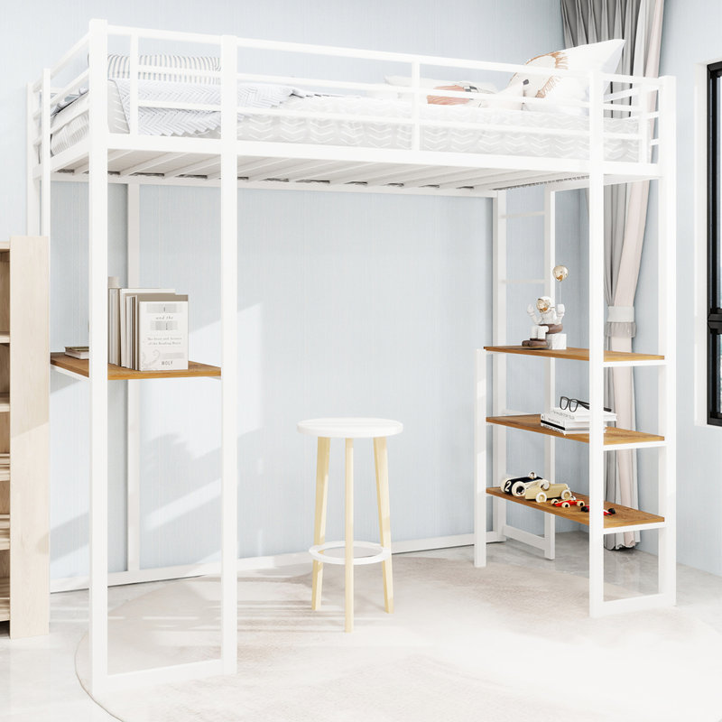 Lit simple à structure en fer blanc avec rampe et escalier des deux côtés, peu encombrant pour la chambre à coucher, matériau durable, balustrade de table intégrée, pieds à double support, oscillation stable