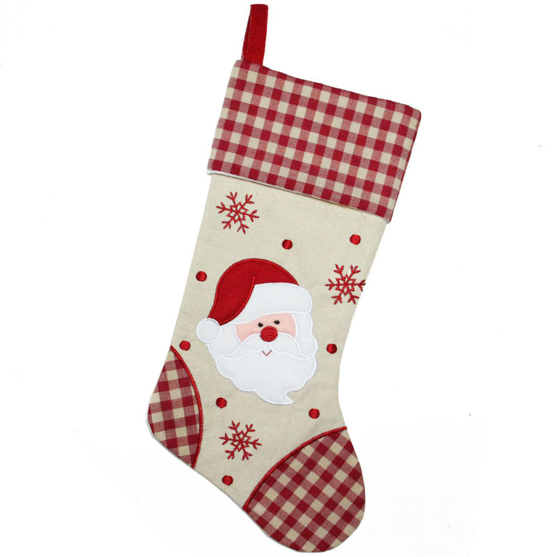 Ivory and Red Embroidered Santa Christmas Stocking with Gingham Cuff