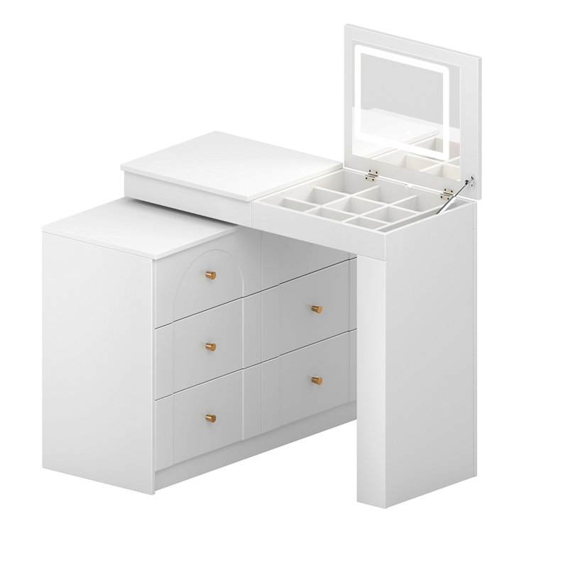 Vanity Desk With Mirror And Lights, Makeup Vanity Table With Flip-Top Tabletop And Storage 7 Drawers, 9 Compartments, 3 Shelves, 3 Color Modes Adjustable Makeup Table For Bedroom,White (N733P279096K)