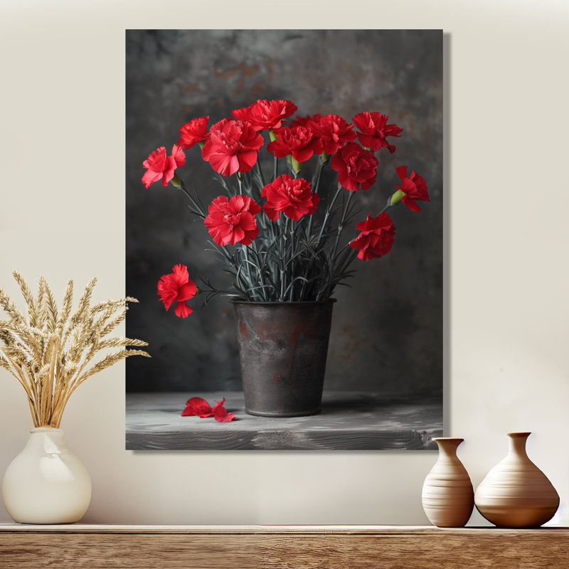 Œillets monochromes rouges et noirs vibrants en pot II - œillets, art mural, H 44 po x l 34 po x P 1,5 po, Toile tendue