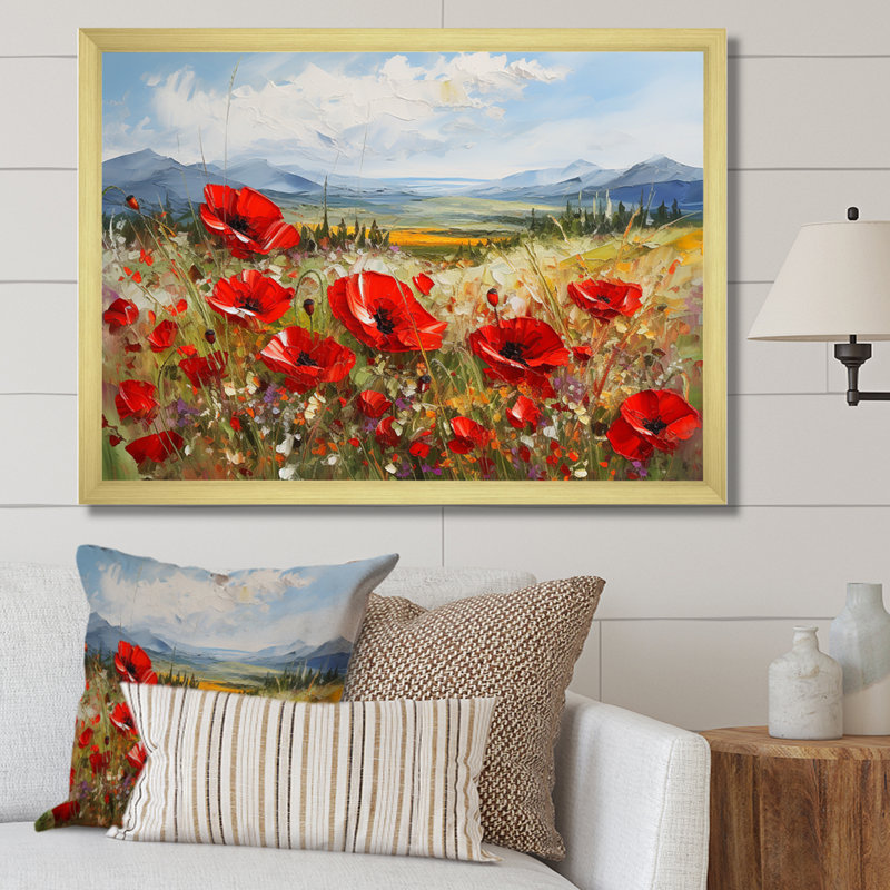 «Red Poppies Field In Mountain I», reproduction sur toile, Cadre doré simple, H 24 po x l 32 po x P 1 po