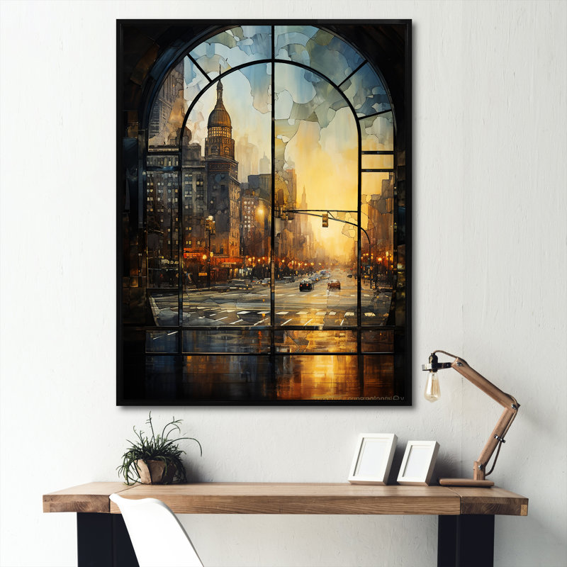 Vue de fenêtre rétro de New York, art mural New York City, Cadre flottant noir, H 44 po x l 34 po x P 1,5 po