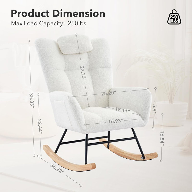 Fauteuil à bascule rembourré avec dossier haut, fauteuil inclinable moderne pour chambre à coucher, lecture confortable (2 pièces)