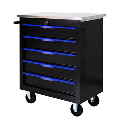 Chariot à outils à 5 tiroirs avec roulettes et serrure - bleu noir, matériau en acier laminé à froid, fiable pour une utilisation quotidienne + chariot bleu, finition thermolaquée, amovible, pratique