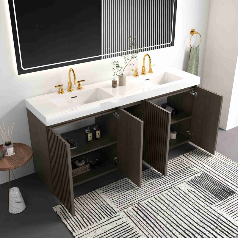 Meuble-lavabo de salle de bain avec lavabo, Chêne / fumée, Blanc