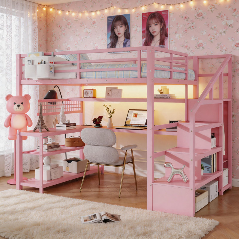 Lit mezzanine en métal avec bureau en L, rangement pour escalier et garde-corps de sécurité