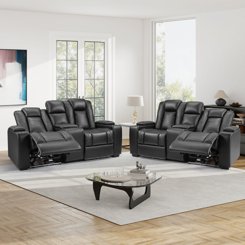 Modern Faux Leather Power Reclining Loveseat Set With Led Lighting, Cup Holders And Storage Console