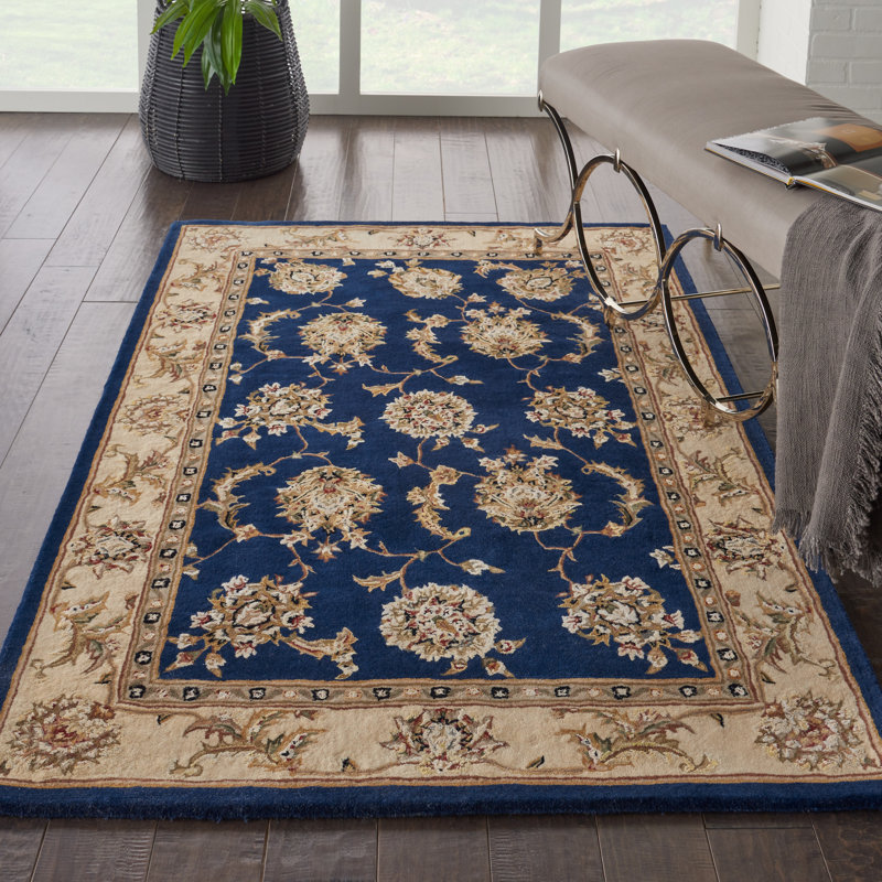 Tapis bleu marine en soie / laine touffeté à la main Oboyle, Rectangle 5 pi 6 po x 8 pi 6 po